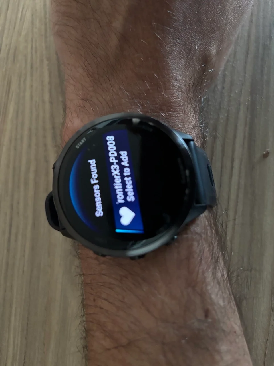 The Garmin Forerunner 570 finding the Frontier X3 heart-rate sensor, with the option to add it.